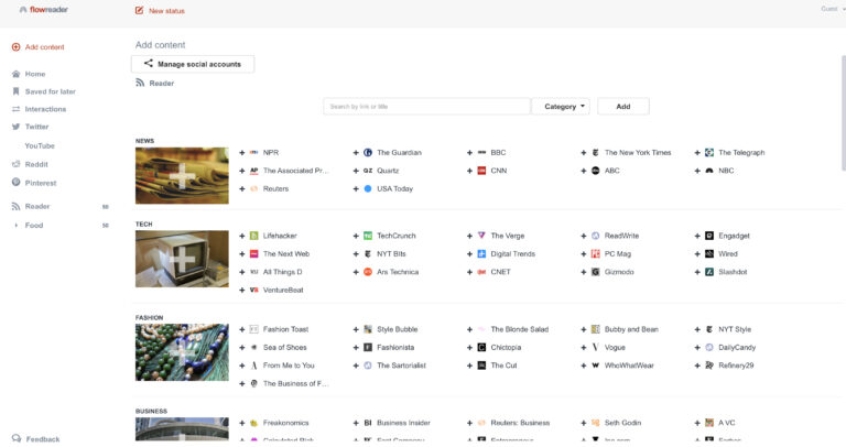 Flowreader Content Curator allows you to see social media as well as news articles.